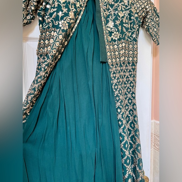 Women’s Emerald Green Mirror Work Anarkali Empire Waist Jacket Palazzo Set - Picture 5 of 9